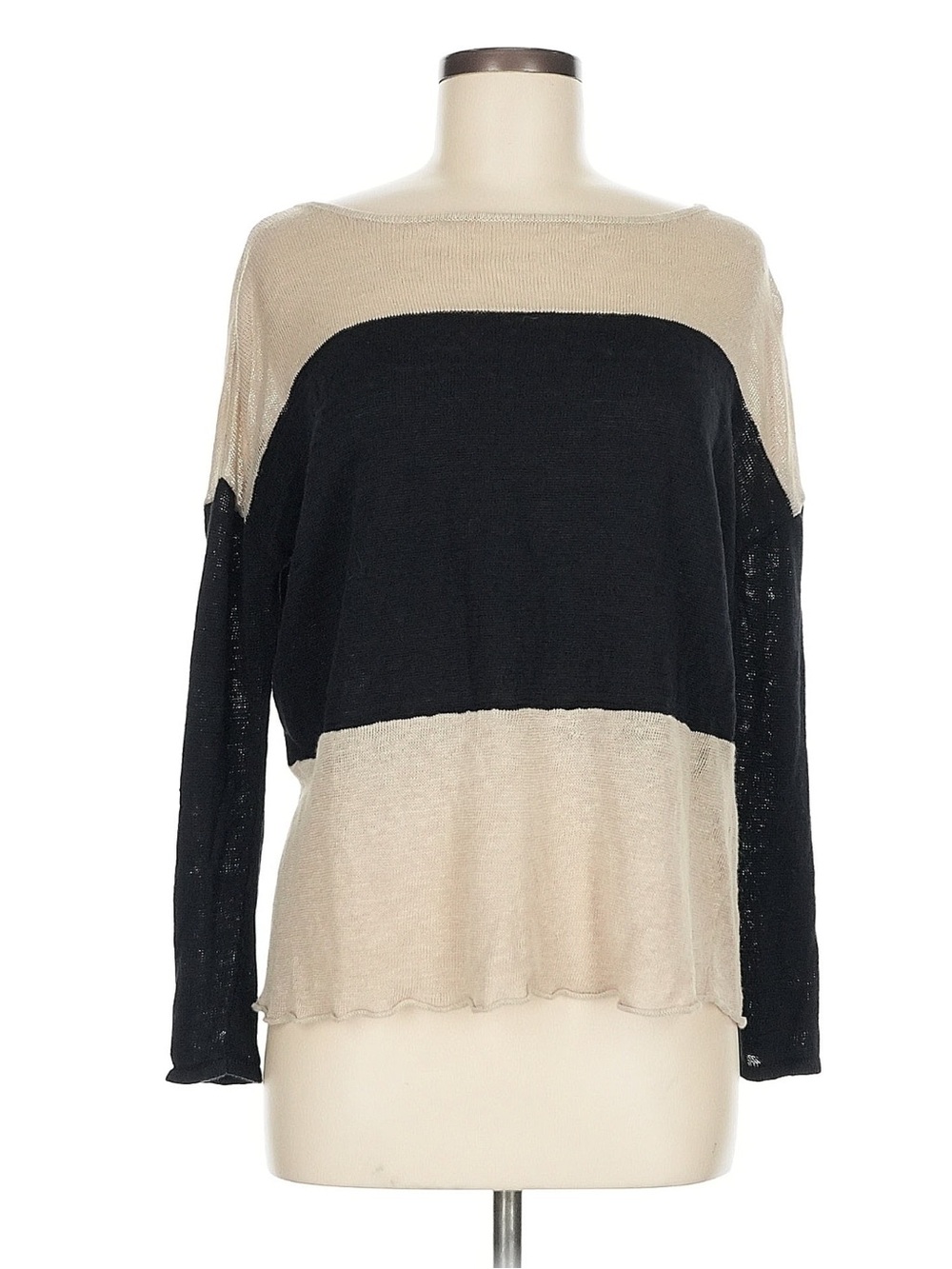 Alice + Olivia Base 100% Linen Lightweight Tan Black Color Block Sweater